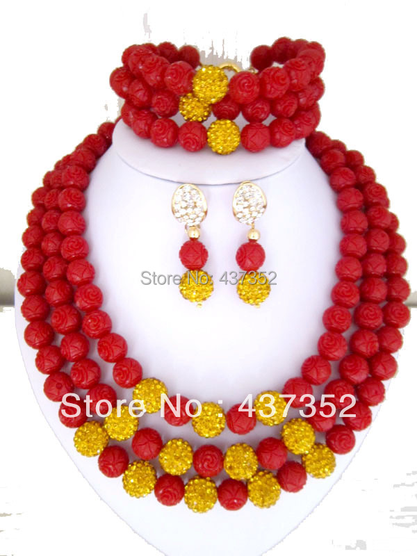 African Nigerian Wedding Jewelry Set Artificial Carved Flower Coral Beads Jewelry Set Necklace Bracelet Clip Earrings CWS-072