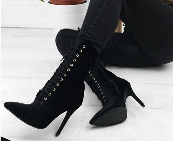 Women's Pointy Toe Cowhide Stiletto High Heels Lace Up Ankle Bootis Women's Pointy Toe Cowhide Stiletto High Heels Lace Up Ankle Bootis