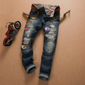 Brand Clothing Mens Jeans Embroidered Denim Jeans Hole Vintage Washed Ripped Trousers Dark Blue Bedge Patchwork