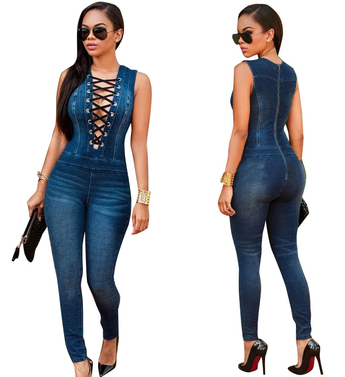 deep v denim jumpsuit