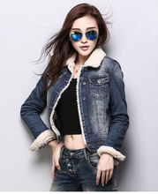 Autumn winter style high grade casual vintage Slim Plush velvet Denim coat women tops Thicken fur