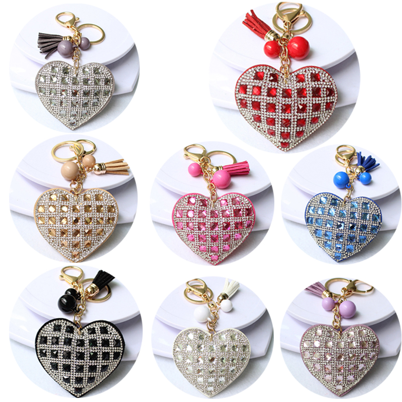 Romantic Women Key Chain Love Heart Pendant Leather tassel Rhinestone crystal Key chain key rings women Gift 8 Colors Wholesale