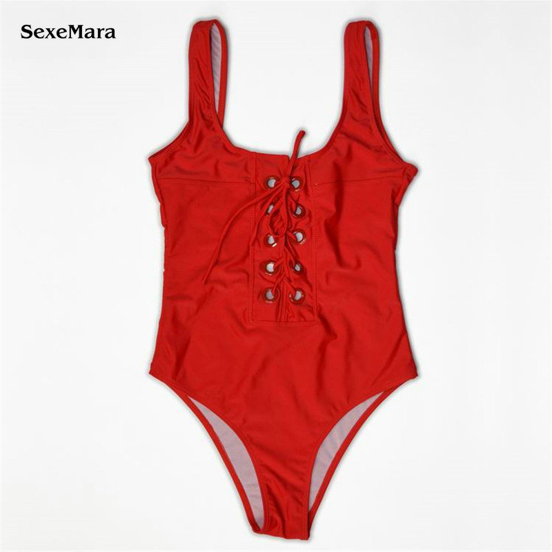 Sexemara Black White Red Lace Up Swimsuit One Piece Bathing Suit Swimming Suit For Women
