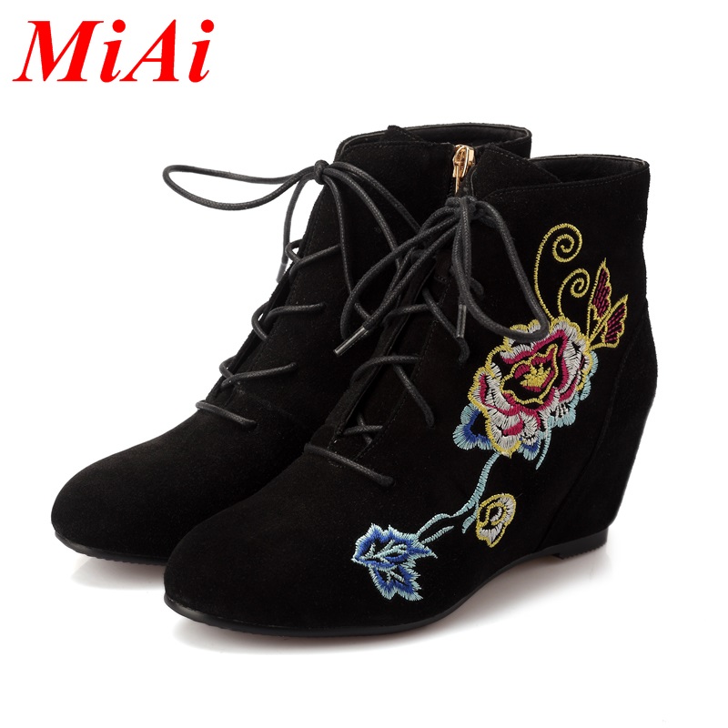 new autumn fashion women ankle boots leather boots Embroidery zipper casual shoes women wedge heel boots black women boots 33-40