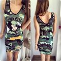 Free Shipping 2016 Summer Style Women Dress Army Green Mickey Printed Sleeveless Sexy Slim Bodycon Office