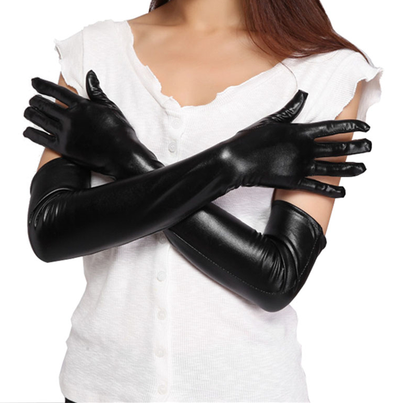 2019 Womens Sexy Faux Long Leather Gloves Fashion Blac