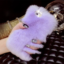 Luxury Rhinestone Bling Fluffy Soft Rabbit Hair Winter Phone case for iPhone 5C 6 6S 6 plus Fashion Soft Skin Mobile Phone Sets
