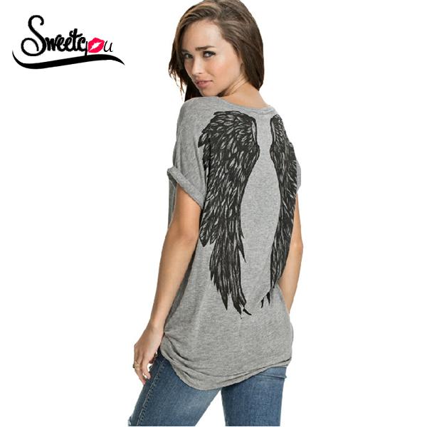 Sweetyou 2015 Fashion Back Angel Wings Tropical Print Female T-shirts Short Sleeve Casual Loose Tops Plus Size Women's T Shirt