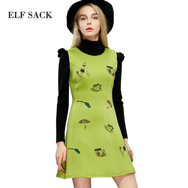 Elf SACK fashion women's new arrival print air layer basic sleeveless one-piece dress