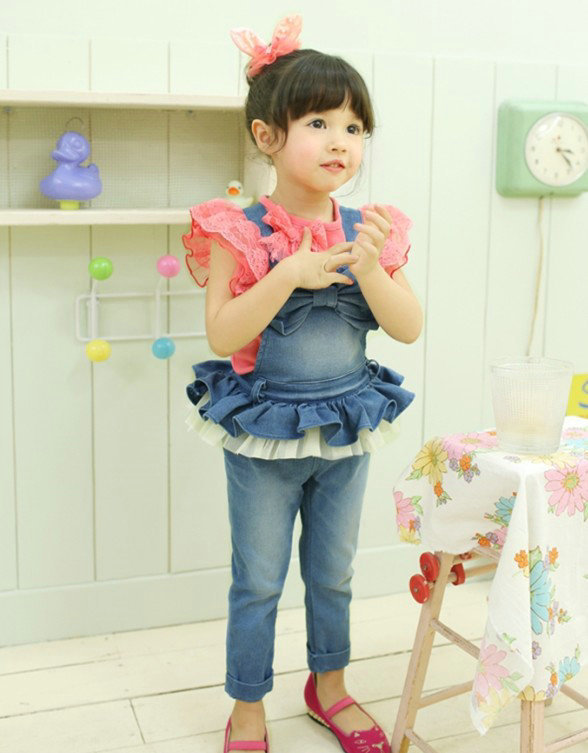 Summer girls Bow Overalls + Lace round neck t-shirt sets two-piece Children suit girl baby clothes free shipping 5set/lot