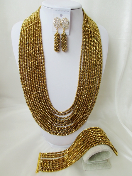New Arrived 26'' Long 12layers Gold Plated Coffee Copper Crystal Nigerian African Wedding Beads Jewelry Set CPS5235