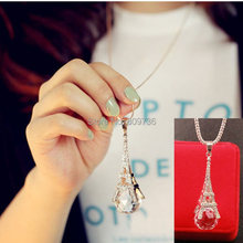 Brand Fashion Paris Eiffel Tower Crystal Rhinestone Ball Pendant Long Chain Sweater Necklace New Women Jewelry