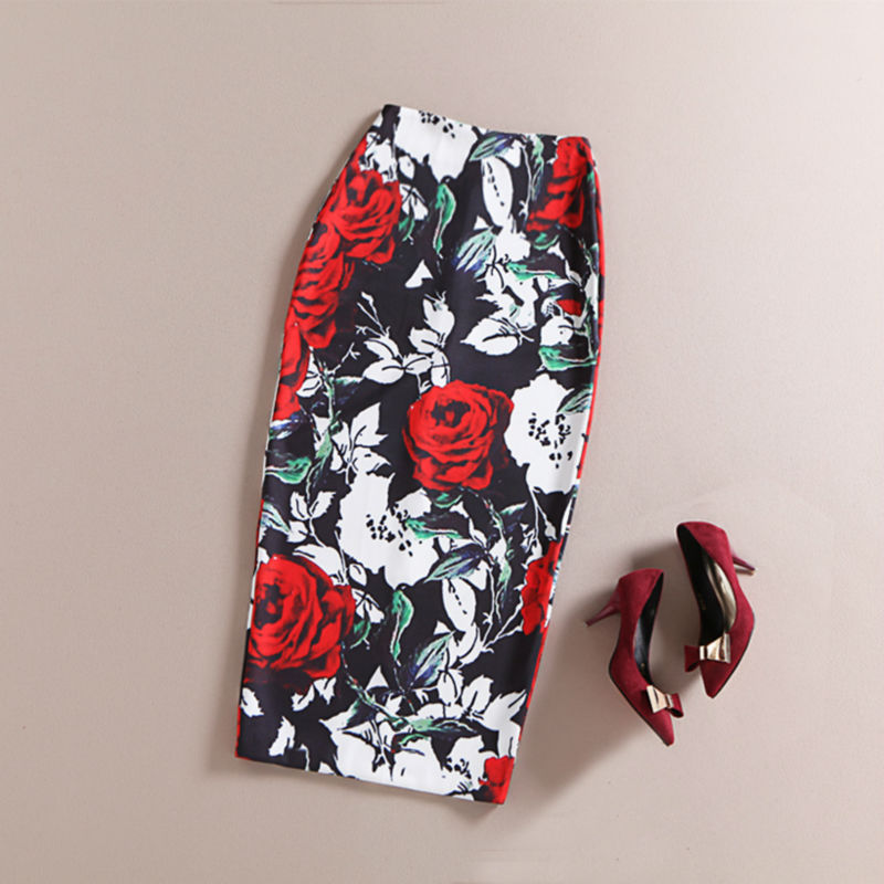 New 2015 women girl spring autumn european fashion rose prints slim hip skirt vintage pencil skirt high waist Skirts D4782