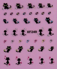 1 sheets Cute Black Cat with Glitter Rhinestone 3D Water Transfer Stickers Nail Art Tips Manicure