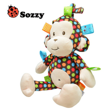 2015 Baby Rattle Toys/Sozzy Polka Dot Monkey Pull Bell Plush Toys/Infant Appease Dolls/Boy Girl Baby Puzzle Toys/Free Shipping