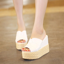 Summer Women Sandals 2016 New Thick Bottom Waterproof Calzado Mujer Straw Slipper High Heels Slides Plus Size 40 Platform Shoes