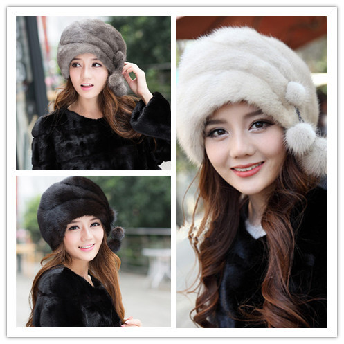 Winter Women Real New Mink Fur Hat Cap Headgear Beanie Beret QS048