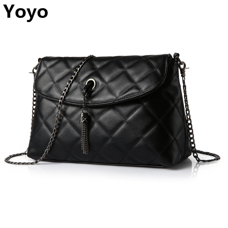 Yoyo Plaid Small Fringe Embroidery Clutches Women Crossbody Black Bag Quilted Flap Shoulder Bag Women Messenger