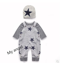 Retail 2015 New  infant clothing baby boy overall	 3pcs( hat+ overall+ Long-sleeved T -shirt  )baby t-shirt pant suit