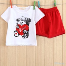 2pcs Baby Girl Kids T shirt Short Sleeve Top Pants Heart Bear Outfit Clothes Set