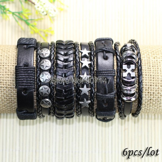 Wholesale 6pcs lot black genuine preto estrela male charm leather bracelets bangles men pulseira masculina jewelry