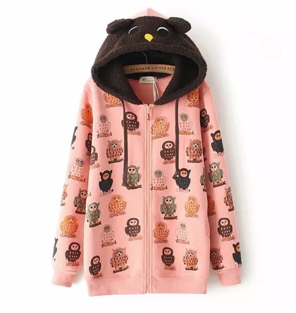 2015 autumn Korean stylish women\'s Owls printing zipper hooded long-sleeved sweatershirts girls new fashionable coat branded free shipping (1)