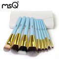 MSQ 9pcs Professional Makeup Brush Set Light Blue Synthetic Hair With White Leather Case