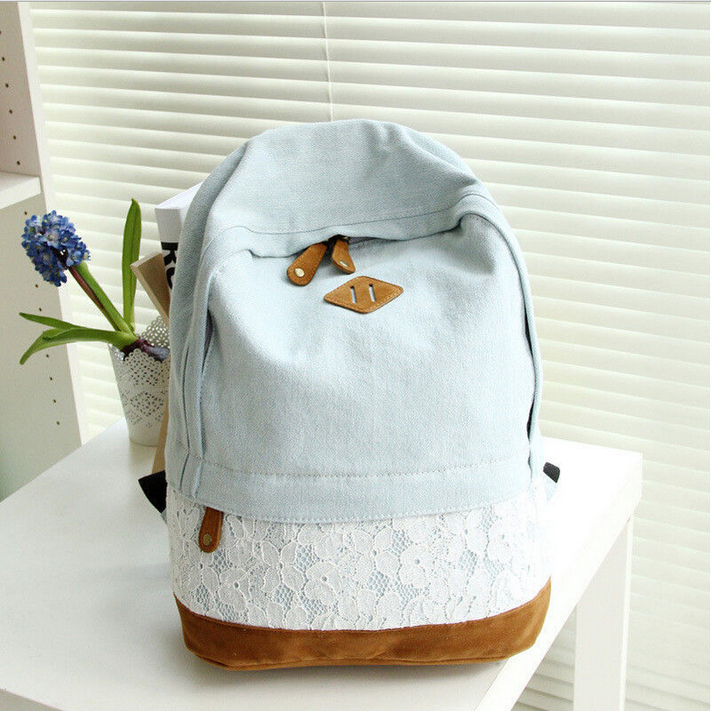 2015 Fashion Fresh Lace Denim Women s Canvas Backpack School bag For Girl Teenagers Casual Travel