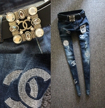 2015 European women’s embroidery patches holes pencil jeans, women’s embroidery pencil pants