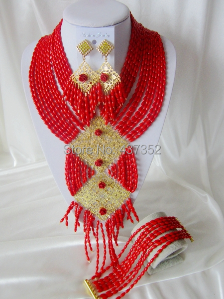 Handmade Nigerian African Wedding Beads Jewelry Set , Coral Beads Bridal Jewelry Set CWS-461