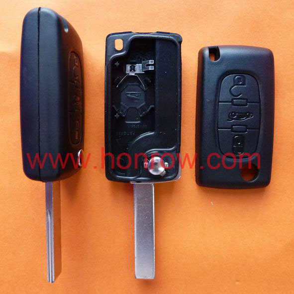 Peugeot 407 blade 3 button flip remote key shell with trunk button ( HU83 Blade - Trunk - With battery place )