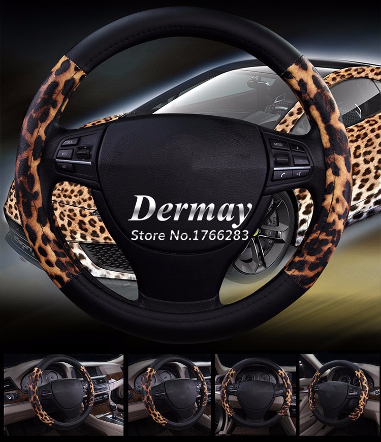 1_New arrivals fashion personalized leopard print women men black gold car steering wheel cover 4 seasons universal free shipping