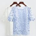 Plus Size Summer Women White Short Sleeve Chiffon Shirt Crocheted Elegant Lace Blouse blusa feminina