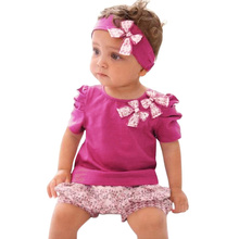 2016 Summer Cute Baby Clothes Sets Toddler Infant Girls Flower Headband + T-shirt Tops + Floral Printed Shorts Baby Outfits