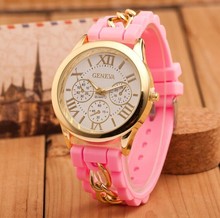 Hot selling ladies geneva gold plated chain women dress quartz watch silicone strap watches girls wristwatches