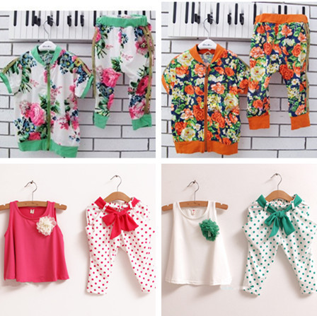 Retail NEW design 2013 new children s clothing summer set child flower female vest polka dot