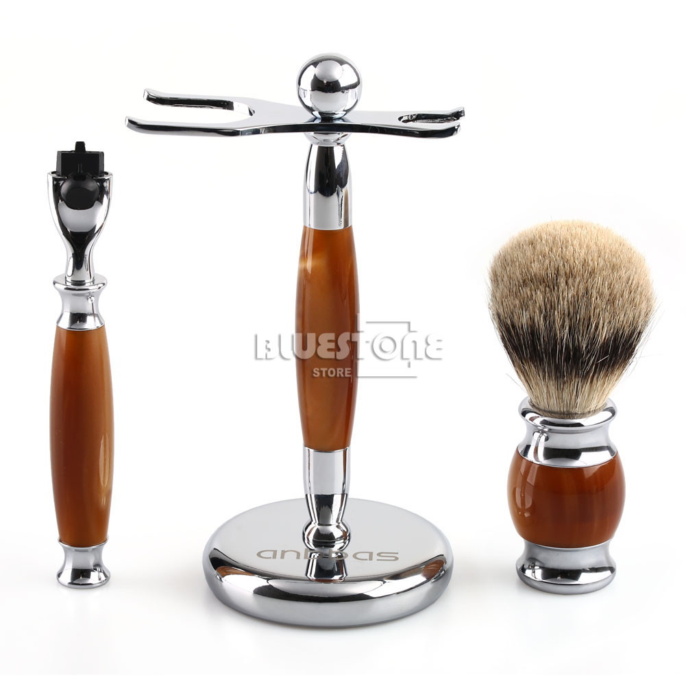 Фотография High Quanlity Mens Shaving Brush Razor Stand + Pure Silvertip Best Badger Hair Brush Set Gift Free Shipping