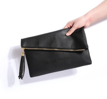 2016 new Paris fashion high quality fashion Tassel black PU leather multi use zipper women envelope
