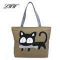 Cartoon Printing Canvas Tote Bags for Women Shoulder Bags Cute Cat Eat Fish Designer Handbags High