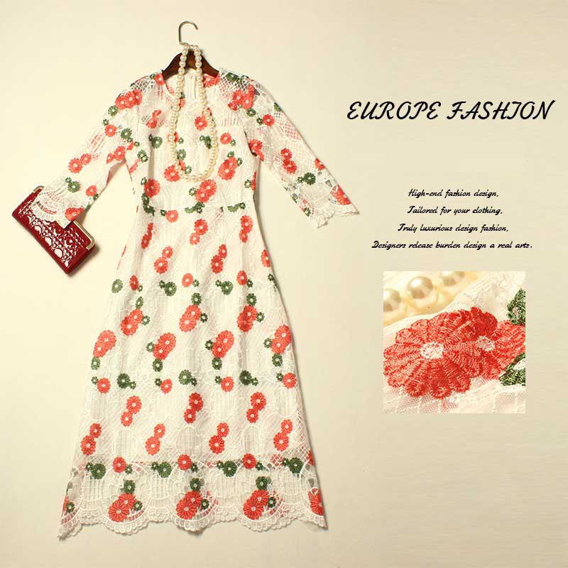 Cute Dress 2016 Spring Summer Mid-Calf Petal Sleeve Fashion Runway Hollow out Mesh Flower Embroidery Brand Elegant Dress