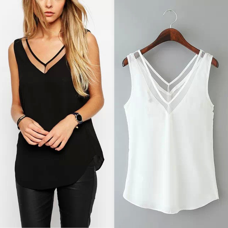 Free Shipping New Women V Neck Vest Top Slim Casual Sexy Tee Mesh Sleeveless Summer Hollow