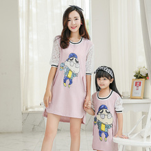 summer 2016 matching mother daughter clothes family clothing mom and daughter cartoon dress women long loose flax linen dresses