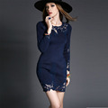 New Winter 2016 Women Dresses Evening Party Women Knitted Lace Sexy Hollow Out Appliques Bottom Dress