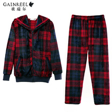 Song Riel autumn and winter flannel pajamas lovely thick plaid hooded men and women couples suite