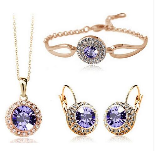 wholesale Jewelry USA colorful 18K Gold Plated Purple CZ Austria Crystal Necklace Earring ...