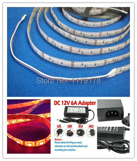 Фотография 5M Epistar or Samsung Chip led 5050 RGB Strip  20--22lm/led 5050 60leds/m DC12V Waterproof IP65 with 12V 6A Adapter