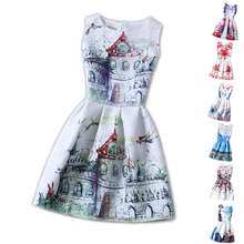 Cartoon Castle Summer Sleeveless Girls Print Dress Knee Length Princess A-Line Dress Clothes For Kids 6 to 12 years Old Kids