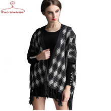 Lady long Cardigan Plaid tartan Batwing for female Half sleeve V-neck with Tassel hem women sweater Feminino camisolas