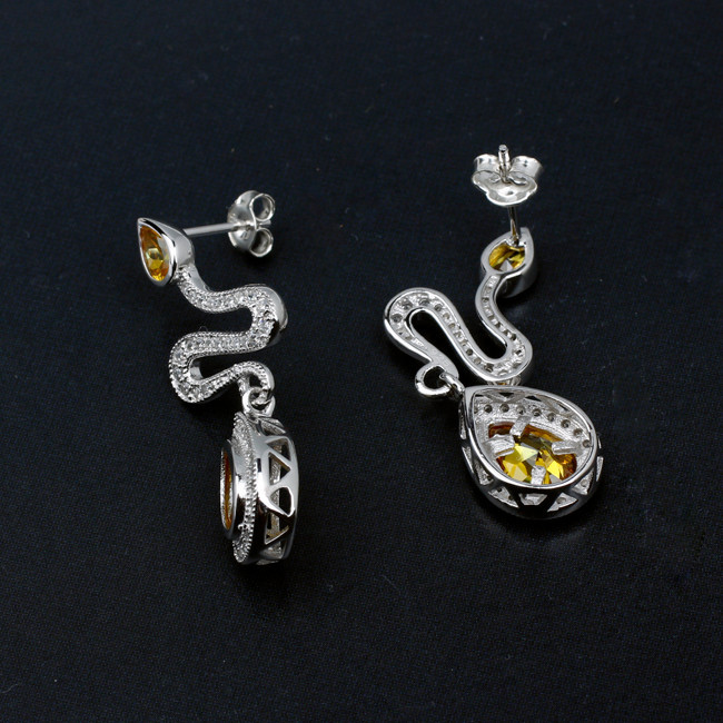 Luxury Snake Shape Mutiple Crytals Lined 925 Sterling Silver Yellow Citrine Stud Earrings for Women E099