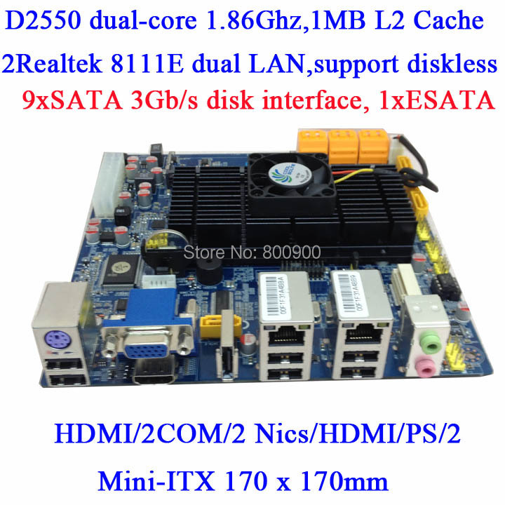ATOM D2550 dual core motherboard NVR NAS storage server 10SATA mini itx motherboard 2 COM 2 LAN HDMI